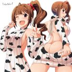  1girl absurdres ahoge animal_print ass back bangs bare_shoulders blush breasts brown_hair chinese_zodiac cow_print cowboy_shot detached_sleeves from_below hair_ornament hair_scrunchie highres huge_filesize idolmaster idolmaster_million_live! large_breasts long_hair looking_at_viewer looking_back meme_attire multiple_views no_panties open_mouth purple_eyes red_scrunchie scrunchie side_ponytail sideboob signature simple_background takatsuki_p virgin_killer_sweater w white_background year_of_the_ox yokoyama_nao 