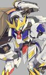  absurdres blue_eyes claws grey_background gundam gundam_barbatos gundam_barbatos_lupus_rex gundam_tekketsu_no_orphans highres holding holding_weapon looking_up mecha mobile_suit no_humans open_hand sa/tsu/ki science_fiction solo v-fin weapon 