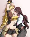  2girls arm_around_waist arms_up artist_name bakasenpai bdsm belly belly_rub black_gloves blonde_hair blush breasts brown_hair cleavage closed_eyes commission cropped_jacket gloves groin kiss licking long_hair medium_breasts midriff multicolored_hair multiple_girls navel navel_fingering navel_insertion neo_politan pants pink_background pink_hair restrained rwby shorts simple_background strapless sweat tubetop yang_xiao_long yuri 