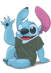  2021 4_fingers alien anthro biped black_nose blue_body bottomless clothed clothing disney experiment_(lilo_and_stitch) fangs fingers gesture hi_res lilo_and_stitch notched_ear one_eye_closed open_mouth open_smile oversized_shirt panda_po shirt simple_background sitting smile solo stitch_(lilo_and_stitch) tongue topwear waving white_background wink 