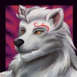  1:1 abstract_background absurd_res anthro canid canine canis fur hermesdidit hi_res icon male mammal mane muscular muscular_anthro muscular_male orange_eyes portrait solo solo_focus teeth_showing white_body white_fur wolf 