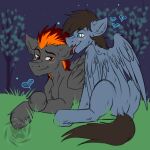  &lt;3 1:1 2020 bite black_body black_feathers black_fur black_mane black_tail black_wings blue_body blue_eyes blue_feathers blue_fur blue_wings blush chest_tuft duo ear_bite equid equine explosive_pone fan_character feathered_wings feathers feral fkk fur hasbro hi_res looking_at_another looking_at_viewer luckpirate lying male male/male mammal mane multicolored_mane my_little_pony night orange_mane outside pegasus quadruped red_eyes red_mane signature sitting smile star tongue tongue_out tuft wings 