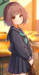  1girl absurdres aqua_ribbon bag blue_sailor_collar blue_shirt blue_skirt blurry blurry_background bob_cut brown_bag brown_hair classroom closed_mouth highres holding holding_bag indoors kohe_billialot long_sleeves original ribbon sailor_collar sailor_shirt school_uniform shirt skirt smile yellow_eyes 