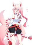  1girl :d animal_ears bare_shoulders blue_eyes blush boxers breasts detached_sleeves eyebrows_visible_through_hair fox_ears fox_tail gradient_hair hair_between_eyes hands_in_pockets highres higokumaru honkai_(series) honkai_impact_3rd japanese_clothes long_hair looking_at_viewer male_underwear multicolored_hair multiple_tails nontraditional_miko open_mouth pink_hair ponytail red_ribbon ribbon simple_background smile solo standing streaked_hair tail underwear white_background wide_sleeves yukki_0125 