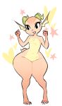  &lt;3 anthro breasts colored digitigrade eyelashes female fist glacierclear green_horn happy horn kobold kobold_girl_(glacierclear) nude orange_body paws raised_arms short_stack simple_background small_breasts small_waist smile solo star thick_thighs wide_hips yellow_body 