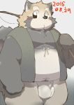  2015 anthro asian_clothing balls belly big_balls blush bottomless canid canine clothed clothing east_asian_clothing fishing_rod fundoshi fur genitals hi_res jacket japanese_clothing kemono kisukemk777 male mammal moobs overweight overweight_anthro overweight_male pubes raccoon_dog simple_background solo tanuki topwear underwear 