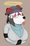  2:3 anthro bandanna eyewear female glasses hi_res kerchief lycanroc midnight_lycanroc nintendo pok&eacute;mon pok&eacute;mon_(species) red_eyes silveratlas solo straitjacket tongue tongue_out video_games 