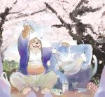  2016 anthro barazoku blue_body blue_fur bottomwear brown_body brown_fur canid canine canis clothing detailed_background domestic_cat domestic_dog duo felid feline felis fur humanoid_hands kemono koda-kota male mammal outside overweight overweight_male pants plant shrit sitting tree white_body white_fur 