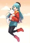  1girl animal beret black_legwear blue_eyes blue_hair boots cloud full_body hat hilda_(hilda) hilda_(series) holding holding_animal long_hair looking_at_viewer mikmix open_mouth pantyhose pullover red_footwear scarf skirt sky smile star_(sky) twigg_(hilda) 