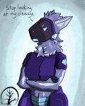  4:5 absurd_res ambiguous_gender angry annoyed annoyed_expression anthro crossed_arms crystal dialogue frown fruv hi_res inner_ear_fluff looking_at_viewer machine protogen purple_body simple_background solo standing text tuft watermark 