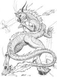  1997 aircraft anthro building crush crushed_underfoot crushed_vehicle destruction dragon female fire hair helicopter horn kolt long_hair macro military monochrome muscular muscular_anthro muscular_female smoke solo traditional_media_(artwork) 