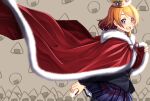  1girl :d bangs black_jacket black_legwear blazer blue_skirt blush brown_background brown_hair cloak collared_shirt commentary_request crown eyebrows_behind_hair food fur-trimmed_cloak fur_trim hand_up highres holding holding_food jacket koizumi_hanayo long_sleeves love_live! love_live!_school_idol_project mad_(hazukiken) onigiri open_mouth pantyhose pleated_skirt purple_eyes red_cloak red_ribbon ribbon school_uniform shirt skirt sleeves_past_wrists smile solo swept_bangs upper_teeth white_shirt 