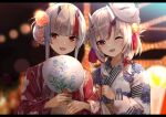  2girls alternate_costume bag bell blurry blurry_background blush bokeh commentary depth_of_field double_bun eyebrows_visible_through_hair fan fang festival floral_print flower fox_mask hair_bell hair_bun hair_flower hair_ornament highres holding holding_fan hololive horn_ornament horn_ribbon horns indie_virtual_youtuber japanese_clothes kimono konkito letterboxed looking_at_viewer mask mask_on_head medium_hair multicolored_hair multiple_girls nakiri_ayame night obi one_eye_closed oni_horns open_mouth outdoors paper_fan plastic_bag red_eyes red_hair red_kimono ribbon sash short_hair_with_long_locks side-by-side sidelocks silver_hair smile streaked_hair tassel uchiwa upper_body utsutsu_yomi virtual_youtuber white_kimono wide_sleeves 