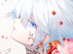  1boy ayashiro_keika bangs bishounen blue_eyes close-up facial_tattoo falling_petals flower hair_between_eyes hair_flower hair_ornament looking_at_viewer looking_to_the_side male_focus neck_tattoo original parted_lips petals portrait profile solo tattoo waka_(shark_waka) wavy_hair white_background white_hair 