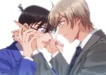  2boys :d amuro_tooru backlighting bangs bespectacled black-framed_eyewear blazer blonde_hair blue_eyes blue_jacket blue_neckwear blush brown_hair closed_mouth commentary_request eye_contact fingernails formal from_side glasses grey_jacket grey_suit hair_between_eyes hand_on_another&#039;s_hand hands_on_another&#039;s_cheeks hands_on_another&#039;s_face hands_up happy jacket k_(gear_labo) kudou_shin&#039;ichi looking_at_another male_focus meitantei_conan multiple_boys necktie open_mouth school_uniform short_hair simple_background smile suit tearing_up teitan_high_school_uniform upper_body upper_teeth white_background yaoi 