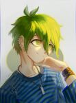  1boy absurdres amami_rantarou antenna_hair artist_name bracelet closed_mouth collarbone commentary danganronpa_(series) danganronpa_v3:_killing_harmony ear_piercing earrings green_eyes green_hair hair_between_eyes highres horizontal_stripes jewelry long_sleeves looking_to_the_side male_focus necklace ornament piercing remonoart shirt short_hair smile solo striped striped_shirt upper_body 