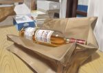  absurdres alcohol bag blurry blurry_background book book_stack bottle commentary_request dewars_scotch highres indoors no_humans original paper_bag scenery still_life tissue_box yorishiem 