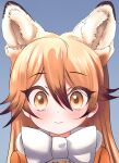  1girl akegata_tobari animal_ears blush bow bowtie brown_hair close-up commentary_request extra_ears ezo_red_fox_(kemono_friends) fox_ears fox_girl headshot highres kemono_friends long_hair looking_at_viewer multicolored_hair orange_eyes orange_hair solo wavy_mouth white_neckwear 