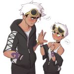  1boy 1girl absurdres black_choker black_hair black_hoodie black_pants blush choker closed_mouth collarbone commentary dual_persona english_commentary flying_sweatdrops genderswap genderswap_(mtf) guzma_(pokemon) hand_in_pocket hands_up heart highres holding_hand hood hoodie looking_at_hand off_shoulder pants pokemon pokemon_(game) pokemon_sm pudgeruffian sunglasses sweatdrop tattoo watch white_hair wristwatch yellow-framed_eyewear yellow_eyes zipper_pull_tab 