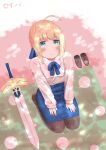  1girl :3 absurdres ahoge artoria_pendragon_(all) blonde_hair blue_eyes blue_ribbon blue_skirt blurry blush bokeh braid dappled_sunlight depth_of_field excalibur fate_(series) footwear_removed french_braid hands_on_own_thighs highres loafers long_sleeves looking_at_viewer neck_ribbon pantyhose ribbon saber seiza shoes sitting skirt sleeves_past_wrists solo sunlight zelrari 