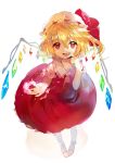  1girl ascot atsumi_jun blonde_hair bow flandre_scarlet full_body hat hat_bow highres looking_at_viewer mary_janes mob_cap open_mouth red_eyes set shirt shoes short_sleeves side_ponytail simple_background skirt smile solo touhou white_background wings 