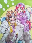  1boy 1girl brown_hair captain_syrup clipboard doctor dress dress_shirt earrings facial_hair grey_legwear hat head_mirror jewelry labcoat mustache necktie nurse nurse_cap pantyhose pill purple_dress red_hair shirt sitting sitting_on_lap sitting_on_person stethoscope wario wario_land yellow_shirt 