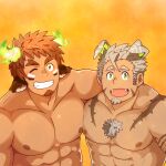  2boys abs animal_ears arm_around_shoulder bara brown_eyes brown_hair chest_hair completely_nude cow_boy cow_ears cow_horns crossover dark_skin dark_skinned_male dog_boy dog_ears facial_hair fangs fiery_horns forked_eyebrows glowing_horns goatee gomeisa_(live_a_hero) green_eyes grey_hair horns live_a_hero looking_at_viewer male_focus multiple_boys mungbean muscular muscular_male nipples nude one_eye_closed pectoral_docking pectoral_press pectorals shiny shiny_skin short_hair sideburns spiked_hair tattoo thick_eyebrows tokyo_houkago_summoners tribal_tattoo upper_body wakan_tanka 