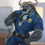  1:1 abs anthro belt bovid bovine cattle chief_bogo clothing disney fur grey_body grey_fur horn male mammal muscular muscular_anthro muscular_male police police_uniform sollyz solo text uniform url zootopia 