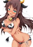  1girl alice_gear_aegis animal_ears bangs bare_shoulders bell bikini blush breast_hold breasts brown_hair cow cow_ears cow_horns cow_tail cowbell eggman_(pixiv28975023) eyebrows_visible_through_hair floating_hair green_eyes hands_up highres horns kaneshiya_sitara large_breasts long_hair looking_at_viewer navel open_mouth sidelocks simple_background stomach sweatdrop swimsuit swimwear tail white_background 