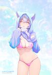  1girl bare_shoulders bell bikini blue_hair blush breasts bubble from_side ganyu_(genshin_impact) genshin_impact half-closed_eyes jacket large_breasts light_particles navel open_clothes patreon_username purple_eyes swimsuit yugen99 