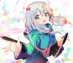  1girl atsumi_jun bangs blue_eyes blush bow drawing_tablet eromanga_sensei eyebrows_visible_through_hair hair_between_eyes hair_bow hand_up holding hood hooded_jacket izumi_sagiri jacket long_hair long_sleeves looking_at_viewer open_mouth pennant pink_bow silver_hair smile solo star_(symbol) stylus upper_body 