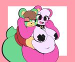  2018 aintsmart animal_crossing anthro black_hair brown_hair bulge charlise_(animal_crossing) chubby_female clothed clothing collar dialogue duo edit female female_pred fur green_body green_fur group hair hand_on_face holding_stomach mammal navel nintendo nipple_tape nude one_eye_closed open_mouth open_smile partially_clothed pasties pattern_clothing pink_body pink_fur pinky_(animal_crossing) simple_background smile striped_clothing stripes tape ursid video_games 