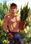  1boy abs bara brown_hair bulge denim highres holding holding_pot jeans looking_to_the_side male_focus mocucumo muscular muscular_male navel nipples original pants pectorals plant pot potted_plant scar scar_on_cheek scar_on_face shirtless short_hair smile solo spiked_hair 