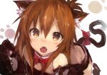  1girl absurdres animal_ears blush brown_eyes brown_hair cat_ears cat_tail detached_collar fangs folded_ponytail highres inazuma_(kantai_collection) kaamin_(mariarose753) kantai_collection long_hair looking_at_viewer open_mouth paw_print simple_background solo tail white_background 