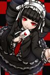  1girl bangs black_hair black_skirt blunt_bangs bonnet card celestia_ludenberg checkered checkered_background commentary_request danganronpa:_trigger_happy_havoc danganronpa_(series) drill_hair frilled_sleeves frills from_above gothic_lolita hairband hands_up heart heart_print holding holding_card lolita_fashion lolita_hairband long_hair long_sleeves looking_at_viewer necktie nico_(nico_alice) playing_card red_background red_eyes red_neckwear skirt smile solo twin_drills twintails white_hairband 