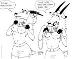  2020 antelope anthro bottomwear bovid breasts carnival_(holiday) cassandra_(tegerio) clothed clothing clothing_lift dani_(tegerio) duo english_text female fur hair herm_(lore) holidays hooves horn jewelry mammal mardi_gras monochrome necklace nipples shirt shirt_lift skirt tegerio text topwear 