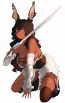  1girl animal_ears bangs bare_shoulders boots breasts brown_eyes brown_footwear brown_hair bunny_ears cleavage commentary commission corset dark_skin detached_sleeves dress english_commentary frilled_sleeves frills full_body gun gunblade highres holding holding_gun holding_weapon kneeling large_breasts leaning_back long_sleeves looking_at_viewer original parted_lips ryusei_hashida signature simple_background sleeves_past_wrists thigh_strap thighs weapon white_background white_dress 