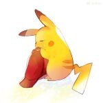  atsumi_jun baseball_cap closed_eyes crying from_side full_body gen_1_pokemon hat no_humans pikachu pokemon pokemon_(anime) pokemon_(creature) pokemon_m20 red_headwear simple_background tears white_background yellow_theme 