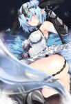  1girl ass bangs blue_hair breasts dress hair_ornament highres horns kaneru pointy_ears purple_eyes shadowverse short_hair tail weapon white_dress whitefrost_dragonewt_filene 