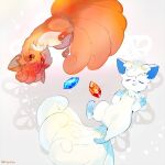  :o alolan_and_normal alolan_form alolan_vulpix atsumi_jun closed_eyes evolutionary_stone fire_stone gen_1_pokemon gen_7_pokemon ice_stone looking_at_another multiple_tails no_humans open_mouth pokemon pokemon_(creature) red_eyes rotational_symmetry tail vulpix 