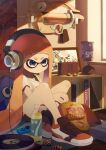  +_+ 1girl bangs bedroom black_eyes black_shorts blunt_bangs bottle bra_strap chips closed_mouth commentary controller cross-laced_footwear day dolphin_shorts domino_mask english_commentary fang food frown game_controller headphones highres indoors inkling inkling_(language) long_hair looking_to_the_side marie_(splatoon) mask meta nintendo_switch no_socks nomu off_shoulder orange_footwear orange_hair phonograph pillow pointy_ears portrait_(object) poster_(object) potato_chips seashell shell shirt shoes short_shorts short_sleeves shorts sitting solo splash-o-matic_(splatoon) splat_bomb_(splatoon) splatoon_(series) squid t-shirt tentacle_hair tissue_box very_long_hair white_shirt 