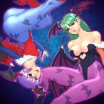  2girls animal_print ass bat_print bat_wings breasts bridal_gauntlets capcom cleavage clothing_cutout demon_girl green_eyes green_hair head_wings heart_cutout highres josef_axner large_breasts leotard lilith_aensland long_hair low_wings morrigan_aensland multiple_girls pantyhose print_legwear purple_hair purple_legwear purple_wings red_leotard short_hair siblings sisters small_breasts succubus vampire_(game) wings 