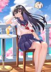  1girl 94_(644534209) :3 arm_rest ass black_hair black_panties blue_skirt blue_sky blush cherry_blossoms cloud contrapposto fang food fruit green_eyes hair_between_eyes highres long_hair midriff navel orange orange_slice panties pleated_skirt railing sailor_collar saten_ruiko school_uniform serafuku skirt skirt_flip sky solo table thought_bubble to_aru_kagaku_no_railgun to_aru_majutsu_no_index tropical_drink underwear wind wind_lift wooden_floor 