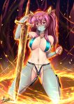  1girl adsouto alternate_costume breasts bridal_gauntlets eyebrows_visible_through_hair fire frown full_body hair_ribbon harem_outfit highres holding holding_sword holding_weapon kneeling looking_at_viewer medium_breasts mouth_veil navel rakudai_kishi_no_cavalry red_eyes red_hair revealing_clothes ribbon sheer_clothes signature solo stella_vermillion sword weapon 