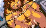  2012 5:3 anthro balls belly bodily_fluids bound brown_body brown_fur cum cum_on_face felid fur genital_fluids genitals kemono koda-kota lion low_res male mammal moobs nipples overweight overweight_anthro overweight_male pantherine penis rope sitting solo 