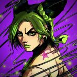  1girl birthmark black_hair braid double_bun green_eyes green_hair green_lipstick halter_top halterneck jojo_no_kimyou_na_bouken kujo_jolyne lipstick makeup multicolored_hair noonvincent ponytail serious solo star_(symbol) star_tattoo stone_ocean string tattoo two-tone_hair 