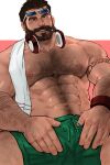  1boy abs arm_tattoo bara bare_pecs brown_hair bulge cigar eyewear_on_head green_male_swimwear hairy headphones headphones_around_neck highres jang_ju_hyeon league_of_legends malcolm_graves male_focus male_swimwear muscular muscular_male navel navel_hair nipples pectorals reward_available short_hair solo stomach swim_briefs swimwear tattoo thick_thighs thighs towel towel_around_neck 