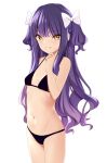  1girl absurdres animal_ears bikini black_bikini bow brown_eyes corrupted_exif_data cow_ears cow_horns cow_tail flat_chest hair_bow highres horns long_hair looking_at_viewer marui_koishi navel original parted_lips purple_hair simple_background smile solo swimsuit tail two_side_up white_background white_bow 