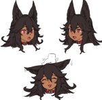  1girl :3 :d animal_ears belt_collar brown_hair cerberus_(houtengeki) collar dark_skin dark_skinned_female ears_down expressions hand_on_another&#039;s_head houtengeki long_hair motion_lines multiple_views open_mouth original petting red_eyes simple_background smile white_background wide-eyed 