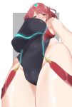  1girl bangs bare_shoulders black_swimsuit blush breasts c@rbon foreshortening from_below highleg highleg_swimsuit highres large_breasts looking_at_viewer looking_down one-piece_swimsuit perspective pyra_(xenoblade) red_eyes red_hair short_hair swept_bangs swimsuit thighs tiara xenoblade_chronicles_(series) xenoblade_chronicles_2 